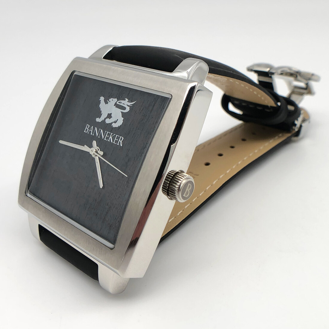 A Banneker square-faced watch with the heraldic crest on the dial