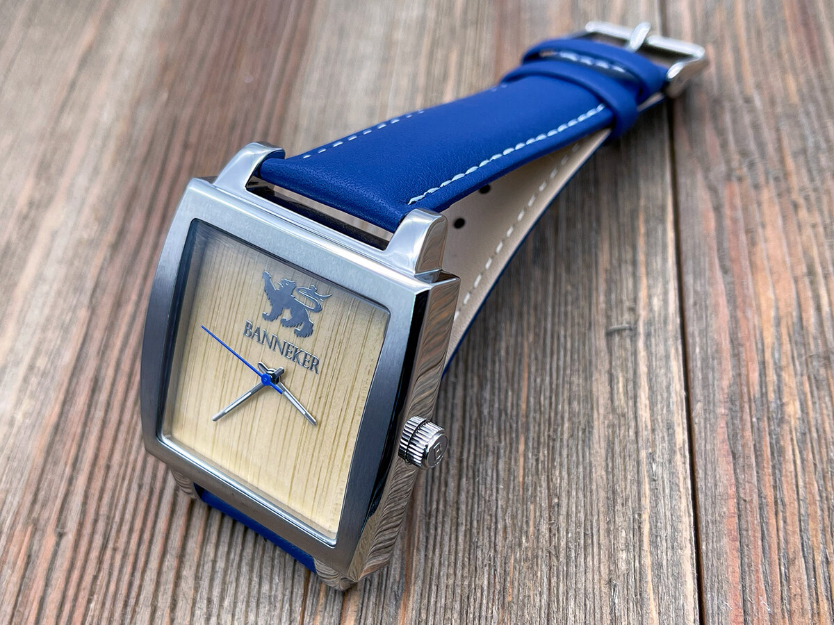 A Banneker watch with a blue and wood face