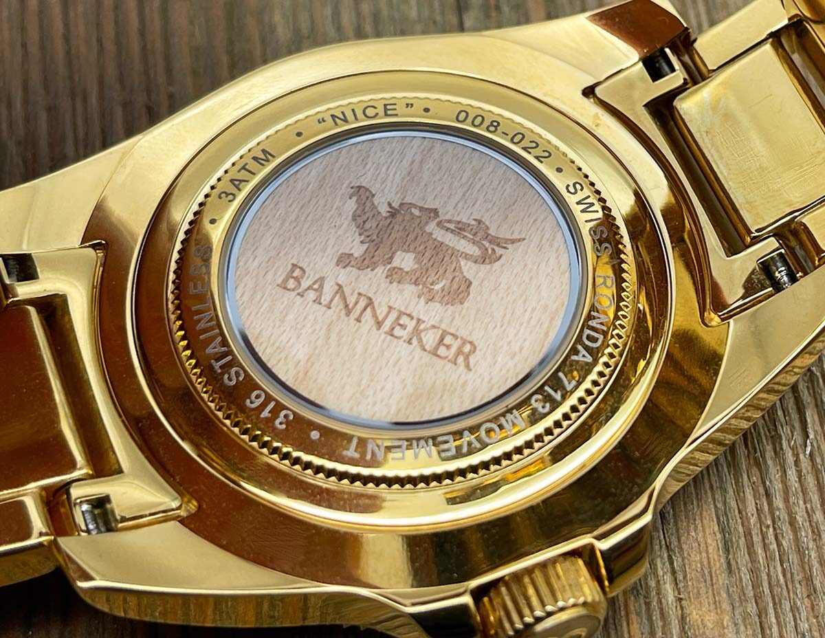The engraved caseback of a Banneker watch