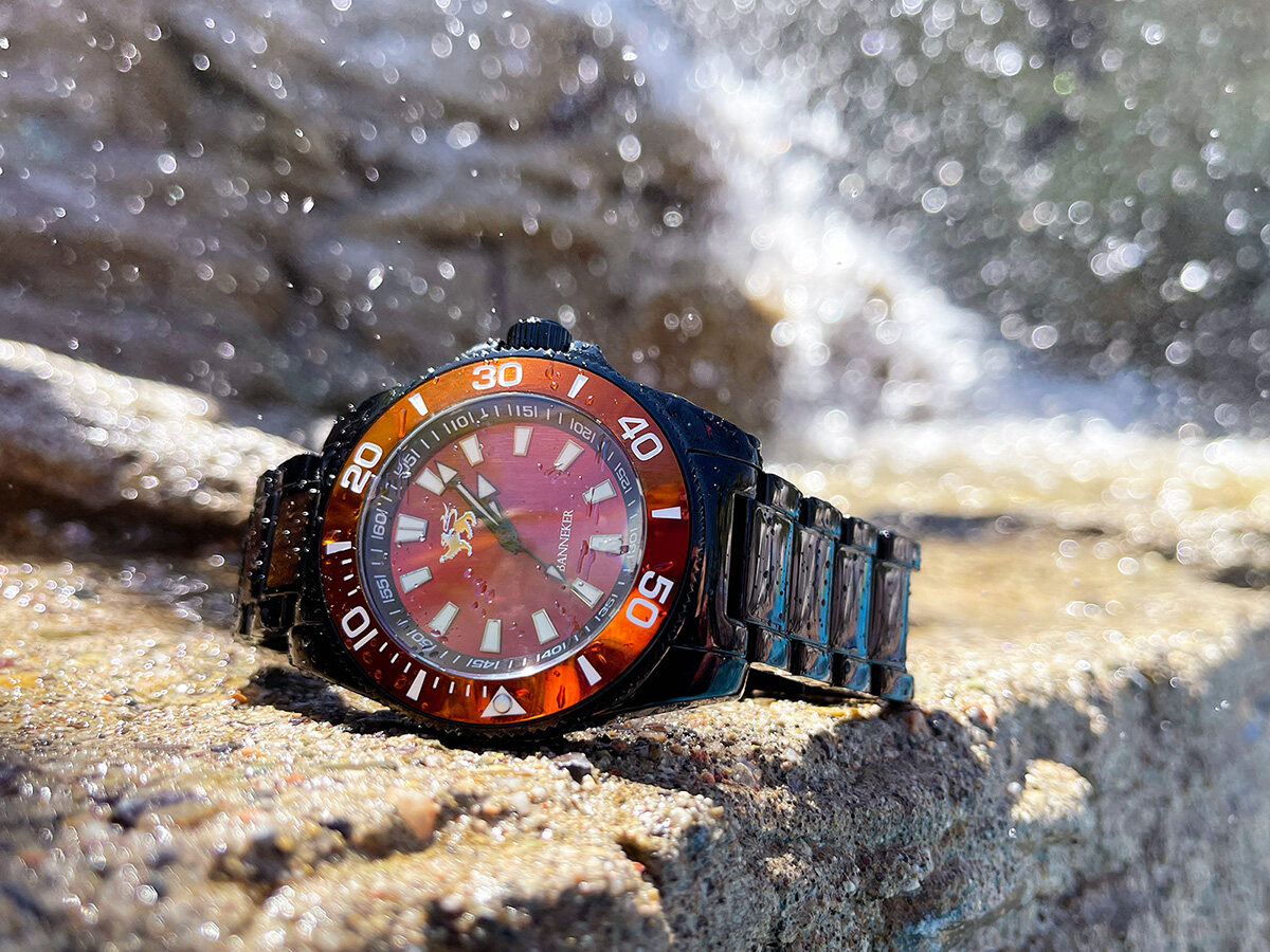 A Banneker watch with a crimson face